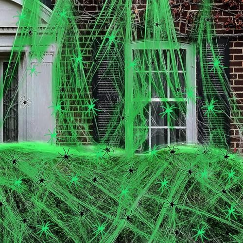 Halloween Decoration Exterieur, 100g Toile D'araignée Fluorescente avec 20 Fausses Araignées et 40 Araignées Fluorescentes pour Decoration Halloween