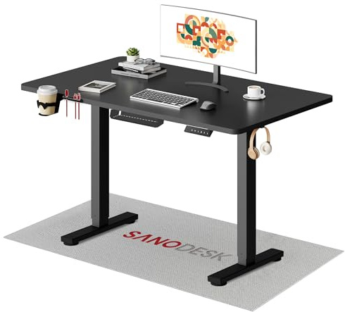 SANODESK Q1 110 x 54 cm Escritorio Elevable Eléctrico con Portavasos Toda la Junta, Ganchos, Caja de Cables, Altura Ajustable Telescópica con Memoria y Tecnología Anticolisión (Negro)