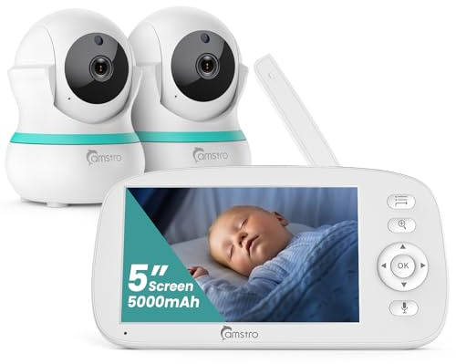 CAMSTRO Babyphone 2 Caméras, 5 BabyPhone 360° Zoom 4X Vision Nocturne Audio Bidirectionnel, 5000mAh Batterie, Rappel Alimentation, Berceuses, Détection Pleurs VOX sans WiFi, Détection Température