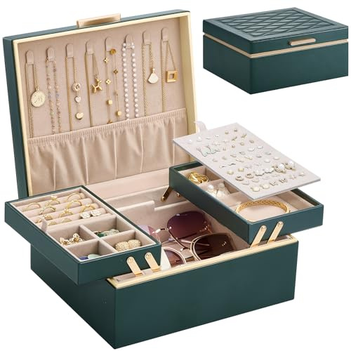 Lolalet Scatola Portagioie e Porta Gioielli Grande per Donna, Organizer 2 Livelli per Collane, Orecchini, Anelli e Braccialetti, Smeraldo Oscuro