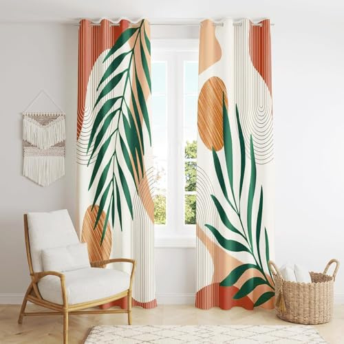 LYBHZDQ Mid Century Modern Curtains Set Thick Cotton Boho Curtain Blackout for Bedroom Bohemian Style Decor Window Leaf Print Classical Drapes for Living Dining Room, 2 Panels, 132×214cm