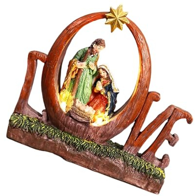PEPWE Scultura in miniatura in miniatura con lettera e presepe in resina, con luce LED, decorazione spirituale per la casa, ornamento religioso