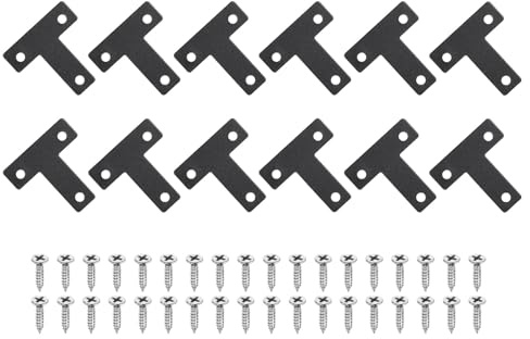 QUARKZMAN 12Pcs Staffa A T Piatta 40 x 40mm Staffa Angolare Metallo A Lato Piatto Rinforzo Angolare A 90 Gradi Piastra Di Riparazione Con Viti Per Fissaggio E Giunzione Di Mobili Colore Nero