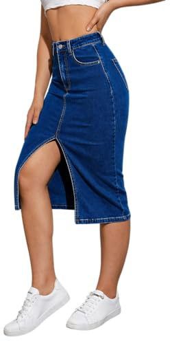 Tagas Midikjol för kvinnor av denim med hög midja med slits fram, åtsittande stretchpennkjol | avslappnad och elegant knälång kjol, Marinblå, S