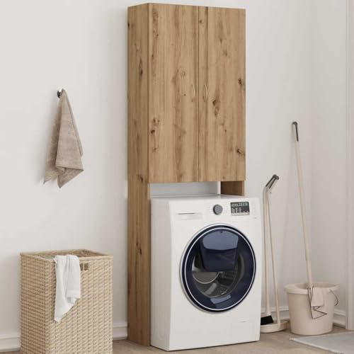 GeenYuu Armario para lavadora, roble Artisan, 64 x 25,5 x 190 cm, material de madera con 3 compartimentos, ahorra espacio, para lavadora, secadora, accesorios y hogar, silencioso, estable