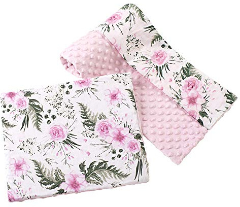 Medi Partners Babyfilt krypfilt med kudde 100% bomull minky barnfilt stor dubbelsidig 75 x 100 + 35 x 30 cm multifunktionell för säng barnvagn (rosa blomma med ljusrosa minky)