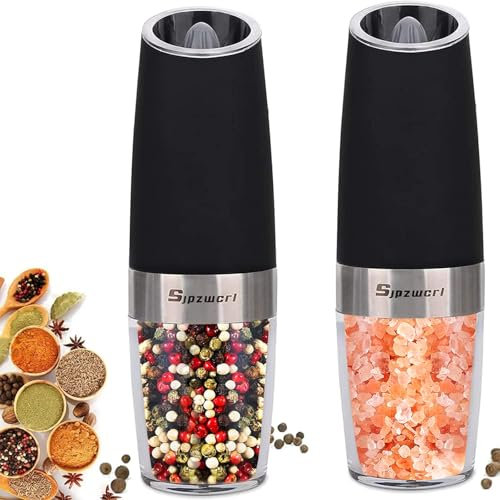 Sjpzwcrl Macina Pepe e Sale Elettrico Macinapepe: - Macina Pepe Elettrico Fine e Grosso Regolabile a Batteria Macina Sale Pepe a Gravità Automatica con LED Luce Macinino per Spezie 2 Pezzi (Nero)