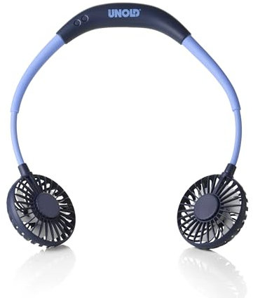 Unold 86698 Nackenventilator Breezy Blue - Blau, Nackenbügel, 3-stufige Geschwindigkeitsregelung, LED-Kontrollleuchte, LED-Beleuchtung, freie Hände, Akku bis 8std.