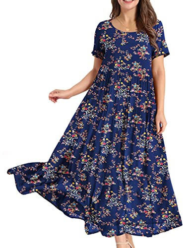 YESNO Women Dresses Casual Plus Size Bohemian Short Sleeve Floral Long Maxi Summer Beach Swing Dress/Pockets EJFUK