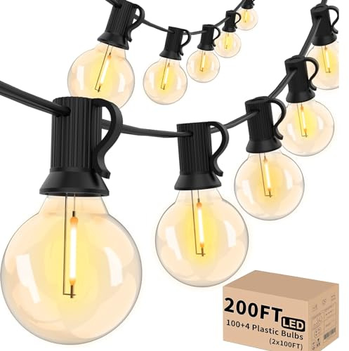 Svater Outdoor String Lights 200 FT, Patio Lights with 104 Shatterproof LED Bulbs, Commercial Grade Waterproof Plastic Hanging Light for Bistro Backyard Cafe Market, Warm White 2700K (2 X 100 FT)