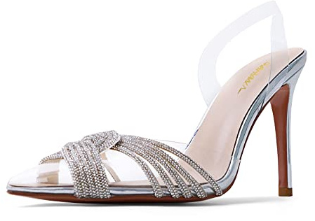 sarawill Women's Sexy Stiletto Pumps Pointed Toe Transparent PVC High Heels Crystal Rhinestones Slingback Party Wedding Shoes for Ladies Fashion, Silver, 8 UK