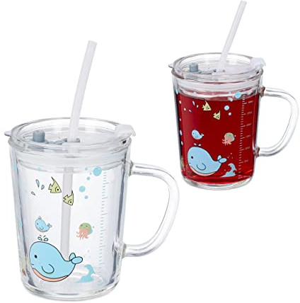 Relaxdays Set da 2 Tazze per Bambini, Vetro, Silicone, ABS, con Cannuccia, Manico e Tappo, 400 ml, Balena, Trasparente