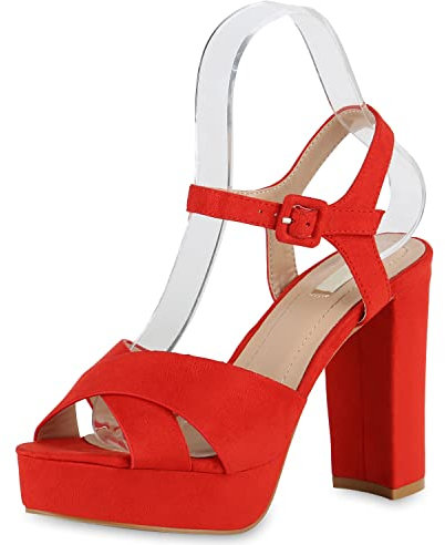 VAN HILL Damen Plateau Sandaletten Blockabsatz High Heels Wildleder-Optik Party Schuhe Absatzschuhe 175329 Rot Trendy 36