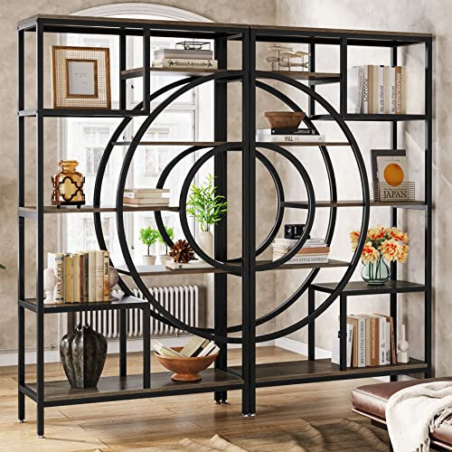 Tribesigns Geometric Bookshelf, Industrial 8 Tier Etagere Bookcase, Rustic Bookshelves Display Shelf, Freestanding Storage Organizer with 9-Open Storage for Home Office, Living Room (Grey, 2pc)