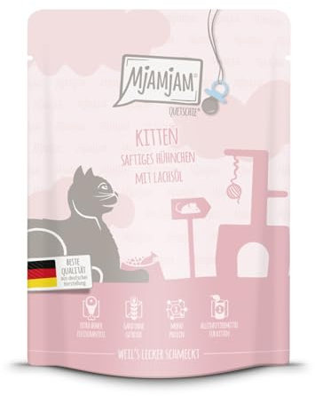 MjAMjAM - Premium Nassfutter für Katzen - Quetschie - Kitten saftiges Hühnchen mit Lachsöl, 1er Pack (1 x 300 g), getreidefrei mit extra viel Fleisch