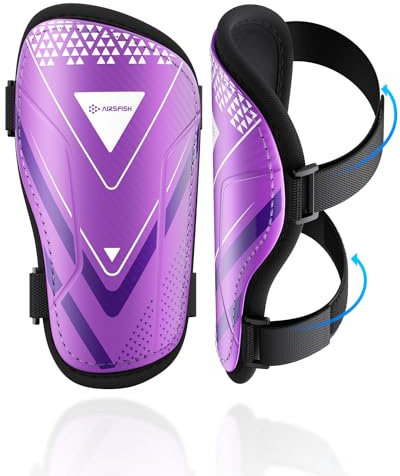 Espinilleras Kids Soccer Certificado CE Airsfish Espinilleras Ligeras, Duraderas y Antideslizantes con Correas Ajustables, Espinilleras de Fútbol de Alta Resistencia, para Niños y Niñas, Color Violeta