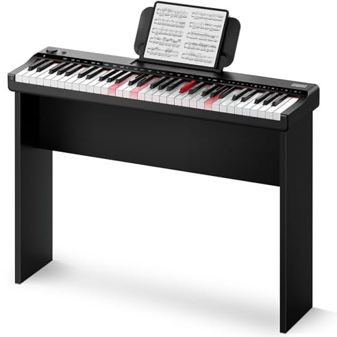 Donner DK-10S Light up Piano Keyboard for Beginners, Portable 61 Key Electric Piano Keyboard with 5H Battery Life, Wireless Connection, 500 Tones, Bundle with Wooden Piano Stand, POP APP, Black