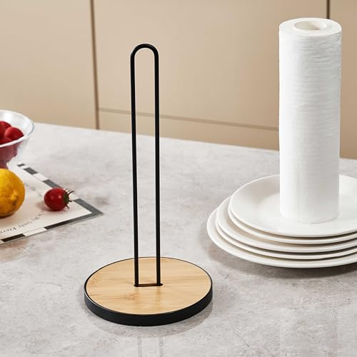 Eden & Willow Premium Metal Kitchen Roll Holder, Black Paper Towel Stand with Bamboo Wooden Base