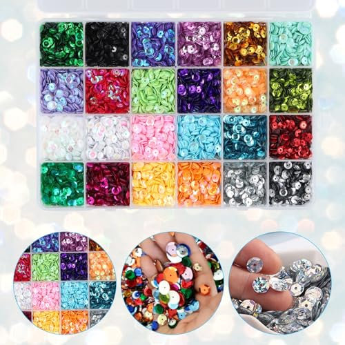 Gudalea 24 Farben Pailletten, 5mm, rund, PVC, CRAFT_BEAD, 12000 Stück, multicolor, für Schmuck, Nähen, Dekorationen
