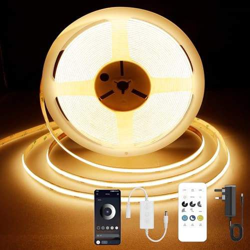TTWAY COB LED Strip 5M, Warm White LED Strip Lights 2700K, 24V Dimmable LED Tape Light, Bluetooth App, CRI92+,8mm Width, with Remote Control and UKCA Power Supply,for Home Decoration, Kitchen, Mirror.