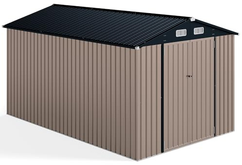 HOMASIS 7.8㎡ Caseta de Jardín de Metal Galvanizado, Diseño de Tejado Inclinado, Puertas Dobles con Cerradura y Llave, 4 Respiraderos, Resistente a la Intemperie, 15.37m³, Gris Cálido