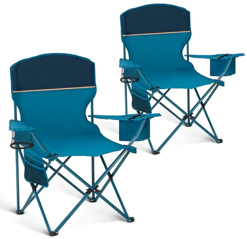HIGH POINT SPORTS 2er Set Klappstuhl Campingstuhl Faltstuhl Komfortable Anglerstuhl mit Getränkehalter & Kühlfach, bis 120Kg Belastbar, Anglersessel klappbar Gartenstuhl Faltstuhl Relaxsessel, Blau
