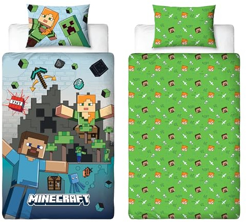 Minecraft Officially Licensed Single Duvet Cover Set | Reversible Bedding with Level Design 2 Sided Includes Matching Pillowcase | Single Set