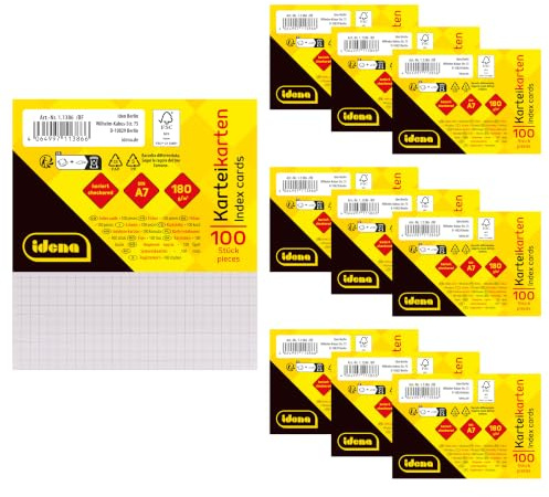 Idena 90360 – indexkort A7, 1 000 rutiga, 180 g/m² FSC-Mix papper i vitt, för skola och kontor