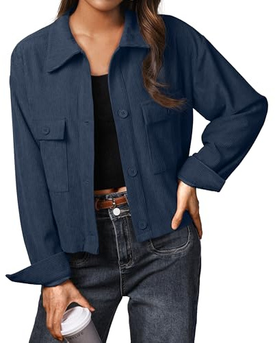 IWOLLENCE Veste en velours côtelé pour femme - Veste-chemise - Chemise en velours côtelé - Veste courte - Manches longues - Revers - Boutonnage - Manteau shacket, bleu, S