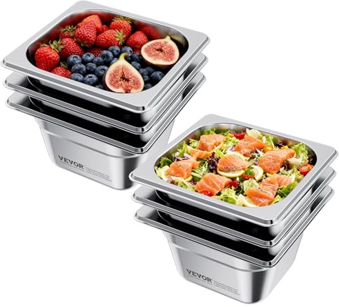 VEVOR Recipiente Gastronorm Reutilizable para Hotel Tamaño 1/6, 6 uds, 1,7 L, de Acero Inoxidable, para Catering, para Rebozar, para Comida para Fiestas, Restaurantes y Bufés, 176 x 162 x 100 mm