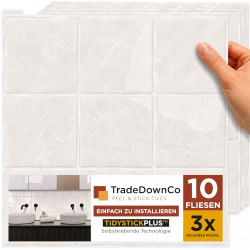 TradeDownCo Peel & Stick väggplattor (10 ark) – tjockare självhäftande premium kakelklistermärken för kök, badrum, tvättstugor och mer, 30 x 30 cm/12 tum x 12 tum, glansig stenvit