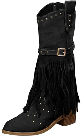 Xbemkste Bottes pour femme avec talon et fermeture éclair - Élégantes à franges - Bottes mi-hautes - Bottes de cowboy - Bottes western - Bottes mi-longues pour femme - Bottes longues pour l'automne et