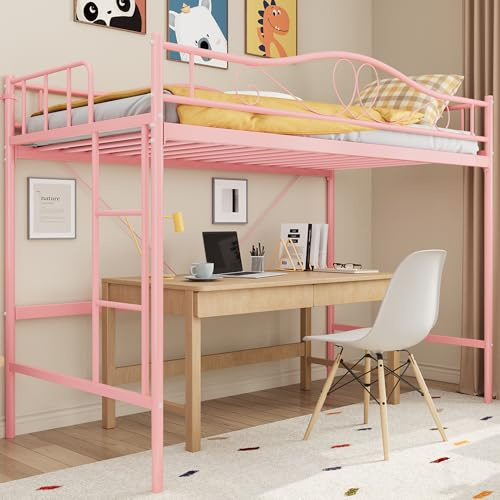 GarveeHome Loft Bed Twin Size with Removable Ladder & Full Safety Guardrail, Twin Loft Bed Heavy-Duty Metal Frame 400 Lbs Weight Capacity, Space Saving, No Box Spring Needed & Noise Free,Pink