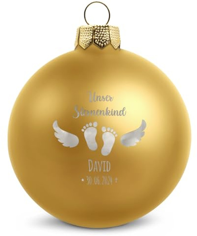 GRAVURZEILE Weihnachtskugel mit Gravur - Sternenkind - Personalisiert mit Namen & Datum - Geschenk zur Erinnerung - Festliche Christbaumkugel als Weihnachtsdeko - Farbe: Gold Matt - Größe: 8 cm