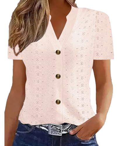 Summer Tops for Women UK - Ladies Blouses 2026 Elegant Going Out Eyelet Embroidery Short Sleeve Tops Hollow Out Casual Business Outfits Tunic Tees Breathable Button Down V-Neck T-Shirts