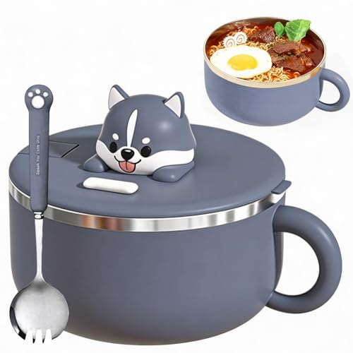 Ramen Skål med lock 1200 ml - Skål för snabbnudlar Ramen - Soppskål - Ramenskål med gaffel - Värmeisolering för soppa, pasta, köttbullar och sallader (grå)