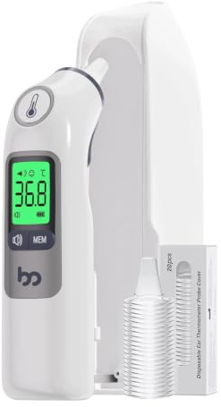 Fieberthermometer Ohr für Erwachsene & Kinder, 1s Ergebnis Hochpräzise Ohrthermometer, 30 Speicher Abrufen, 3-Farben-Fieber-Alarm, mit 21 Einweg-Sonde Abdeckungen & Aufbewahrungsbox