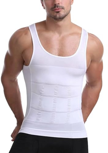 Mens Compression Vest Slimming Sleeveless Body Shaper Undershirt Seamless Shapewear Tank Tops (UK, Alpha, L, Regular, Regular, White)