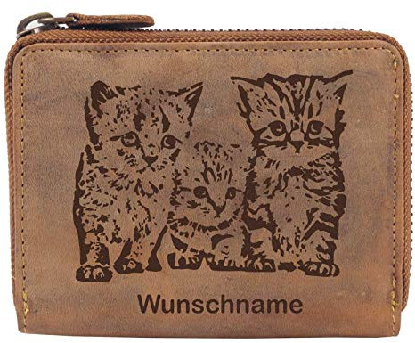 Greenburry Damen Portemonnaie Braun 13x10x3cm mit Babykatzen Motiv + Wunschnamen
