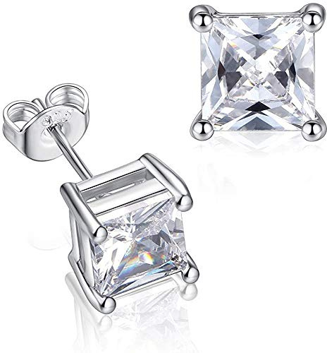 Gulicx - Orecchini a lobo da donna, in argento Sterling 925, placcati in oro bianco, con zirconia cubica quadrata, con diamante sintetico scintillante, ragazze e ragazzi e Argento, cod. GYE234a-6