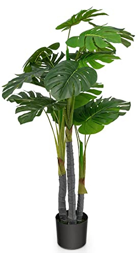GIANTEX 120 cm konstgjord monstera i cementkruka | Dekorativ alm med 20 blad, konstgjord inomhusväxt för hem och kontor