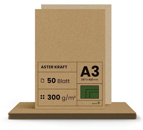 Netuno Lot de 50 feuilles de papier kraft 300 g - Format A3 - 297 x 420 mm - Aster Kraft marron - Carton de bricolage A3 vintage - Carton naturel épais - Feuille A3 - Carton kraft naturel - Pour