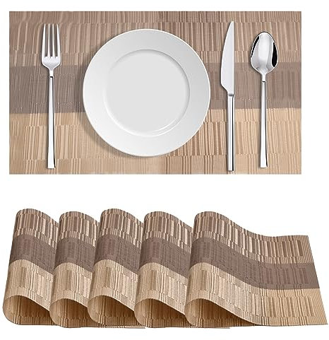 Wisebom Manteles Individuales Lavables Juego de 6 Salvamanteles Individuales Manteles Individuales Plastico Antideslizantes Resistentes al Calor para Mesa de Cocina, 45x30cm (Gris Dorado)