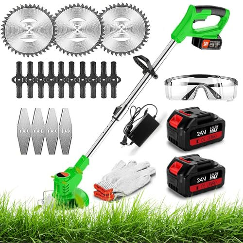 Coupe Bordure sans Fil avec Batterie Debroussailleuse Electrique sans Fil avec 2 pièces Batterie et 3 Types de Lames, pour la Coupe de Jardin, Pelouses et Terres Agricoles