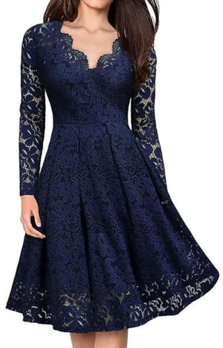 Abiti da Festa Vintage in Pizzo a Maniche Lunghe per Le Donne Abito Estivo retrò Casual a Linea Rockabilly Elegante con Scollo a V Abito Scampanato 3XL-Abito in Pizzo Blu Scuro-L