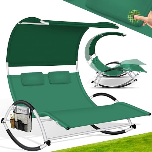 KESSER® Doppel-Sonnenliege Doppelliege mit Sonnendach, Kopfkissen Tasche für 2 Personen, Relaxliege, Gartenliege, Schaukelliege ergonomische Liegefläche, 240 kg Belastung, Seitentasche, Khaki