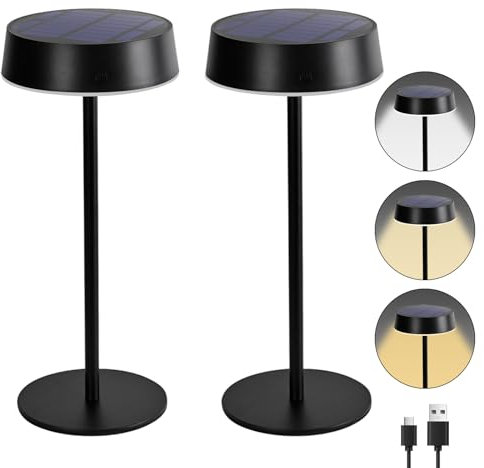 Alinana 2 Piezas Lámpara Mesita Noche, IP67 Impermeable y Lampara Solar Exterior Mesa, Lampara Mesita Noche sin Cable de 3CCT, lampara con Carga Solar y Usb, para Interior y Exterior