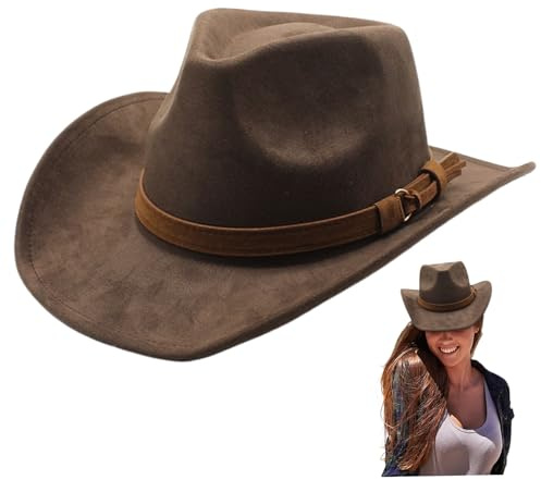 Sombrero de Vaquero marrón, Sombrero de Vaquero Ancho Sombrero Occidental Gorro de Vaquero marrón con Hebilla de Gorro de Gamuza para Hombres y Mujeres Vestidos