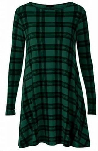 Womens Plain Long Sleeve Stretch Tunic Top Ladies Swing Mini Dress Flared Top (Green Tartan, 16)