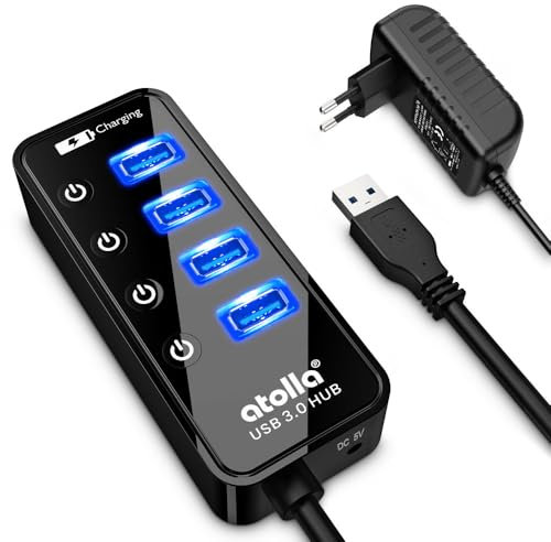 Atolla Hub USB 3.0 alimentato, Hub USB a 4 porte con interruttori indipendenti On/Off - Adattatore di alimentazione incluso
